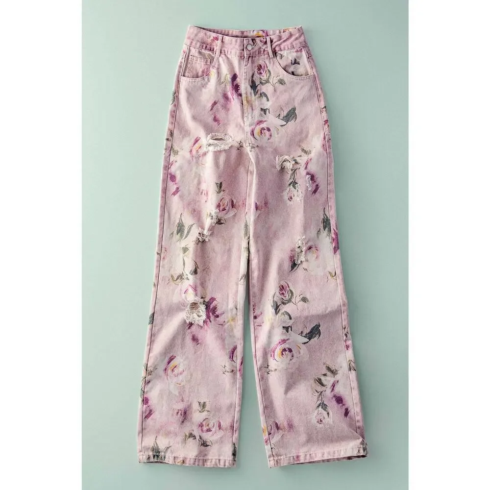 Urban Daizy Romantic Rose Print High-Rise Denim Pants - Picture 9 of 10